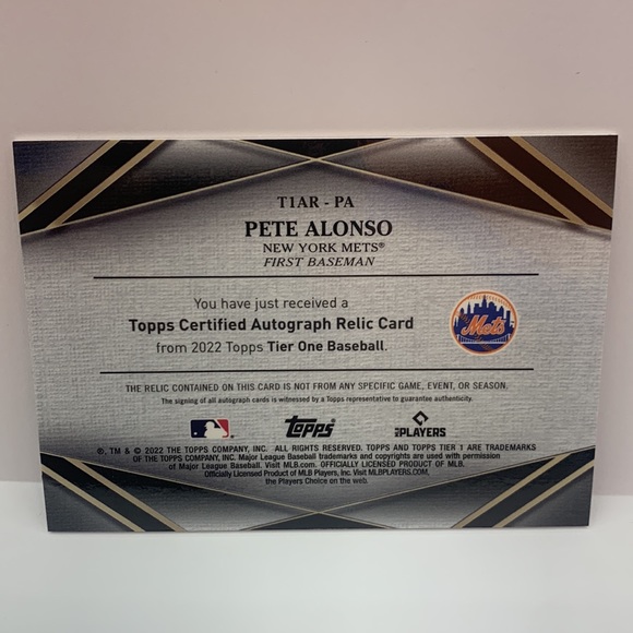 2022 Topps Tier One Pete Alonso Mets Patch Auto 03/75 #TIAR-PA (MISC9) - Picture 2 of 2